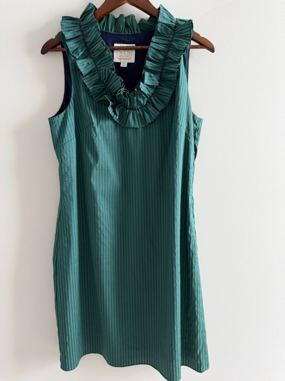 STS Sail to Sable Ruffle Neck Shift Dress Green Stripe Sleeveless Size M